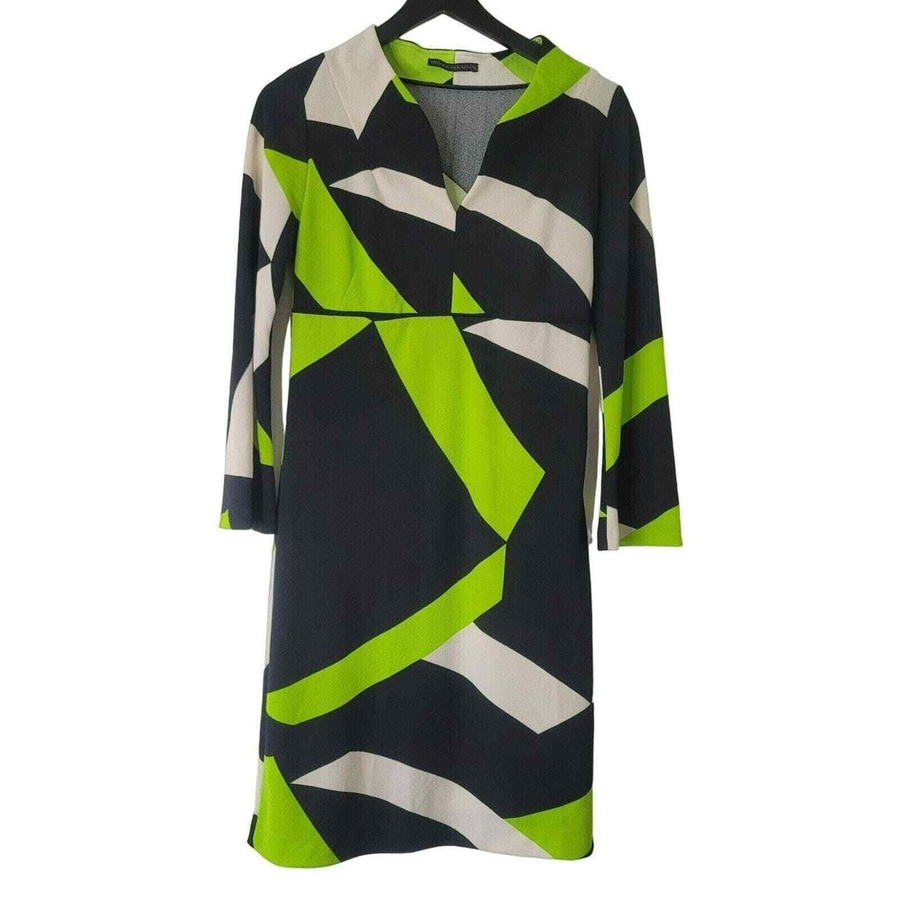 Didier‎ Parakian Dress 6 Green Black Bell Sleeve Split Neck A-Line Geometric